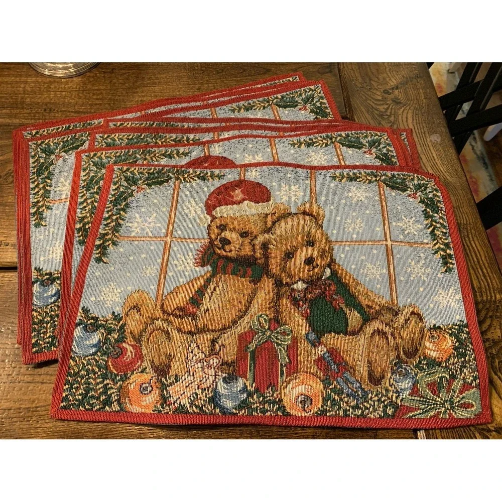 Vintage Teddy Bear Placemats 18x12 In Tapestry Set of 8 Christmas Kitchen Decor